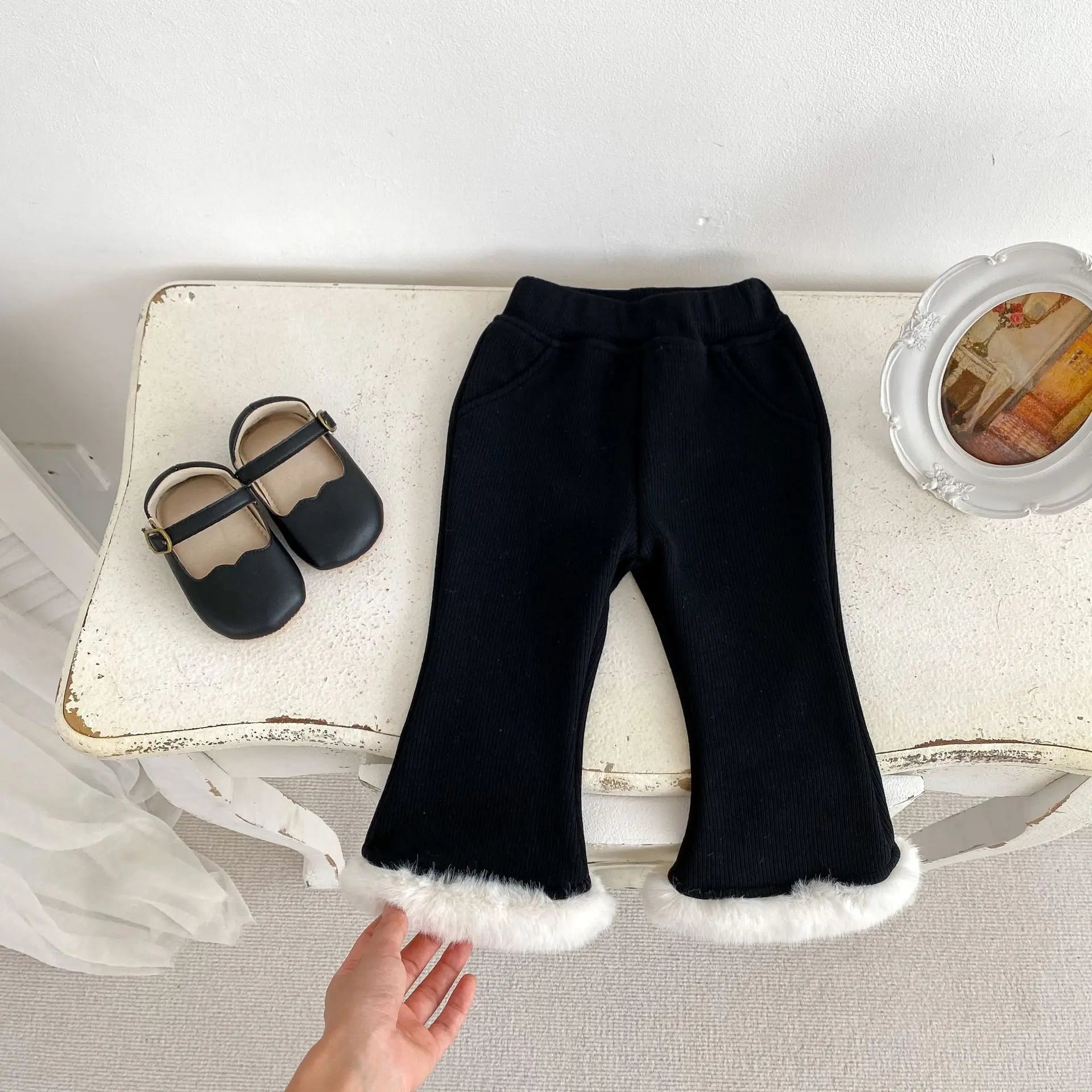 Autumn Winter Girl Baby Plus Velvet Solid Boot Cut Children Fleece Thicken Warm Casual Pants Fashion Kid Outdoor Cotton Trousers black