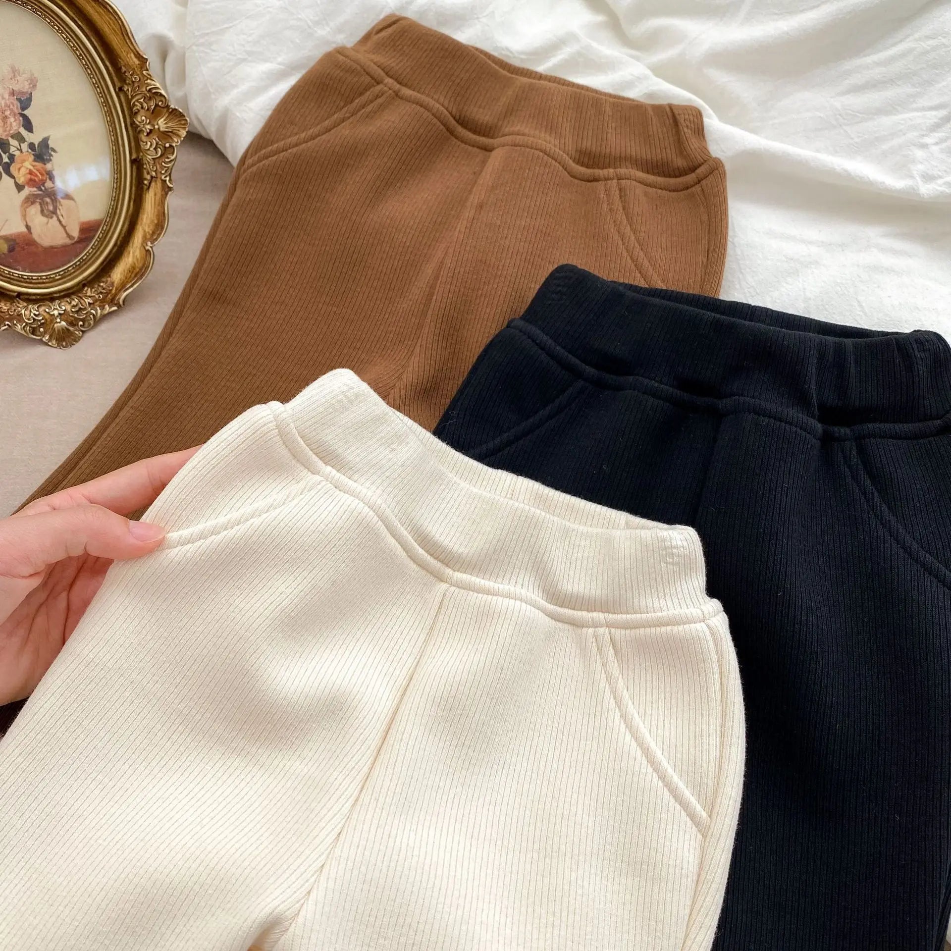 Autumn Winter Girl Baby Plus Velvet Solid Boot Cut Children Fleece Thicken Warm Casual Pants Fashion Kid Outdoor Cotton Trousers