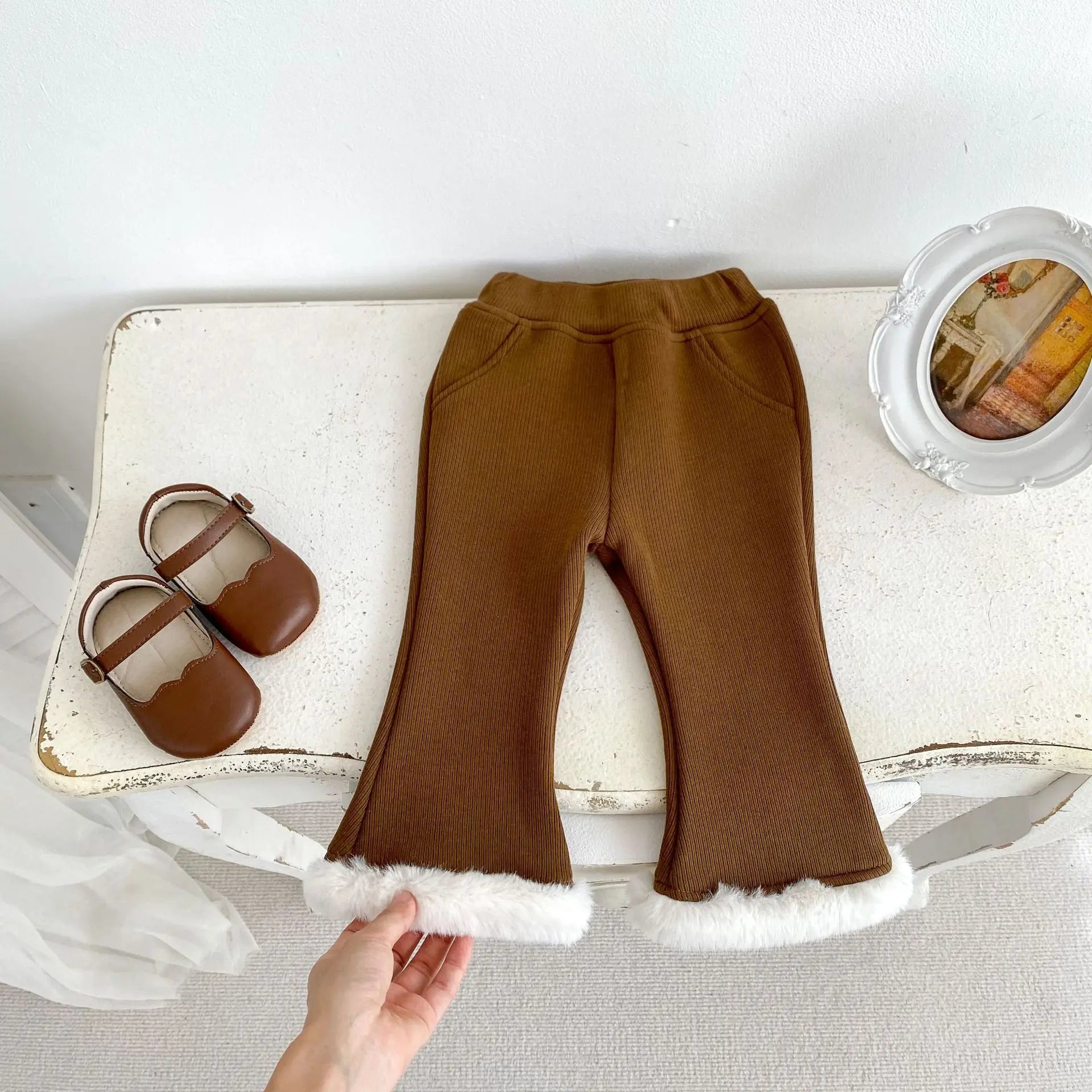Autumn Winter Girl Baby Plus Velvet Solid Boot Cut Children Fleece Thicken Warm Casual Pants Fashion Kid Outdoor Cotton Trousers brown