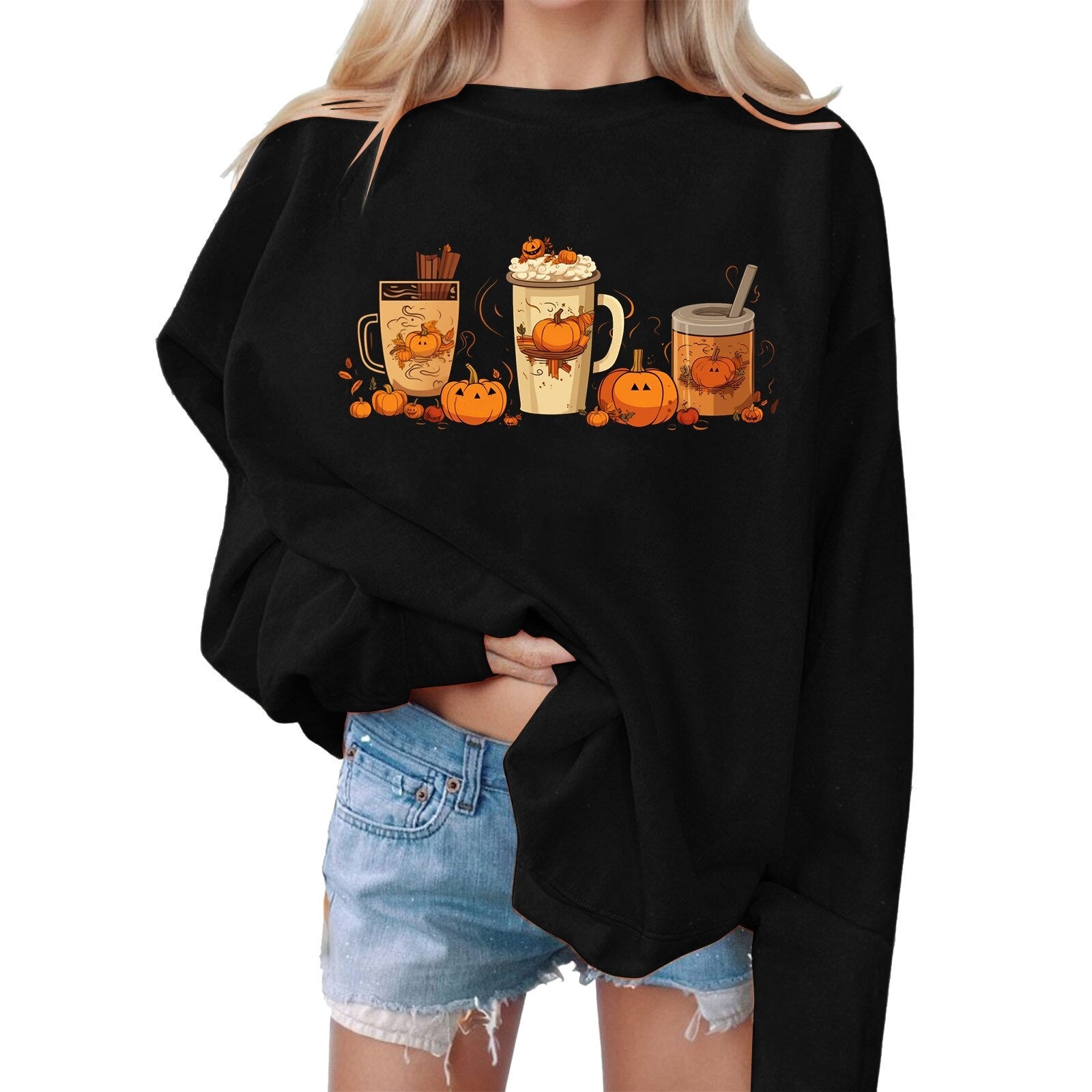 Autumn Winter Hoodless Sweatshirt Halloween Sweatshirts Printing Sweater Long Sleeve Women Sweatshirts Pullover Sudadera Outfits Black