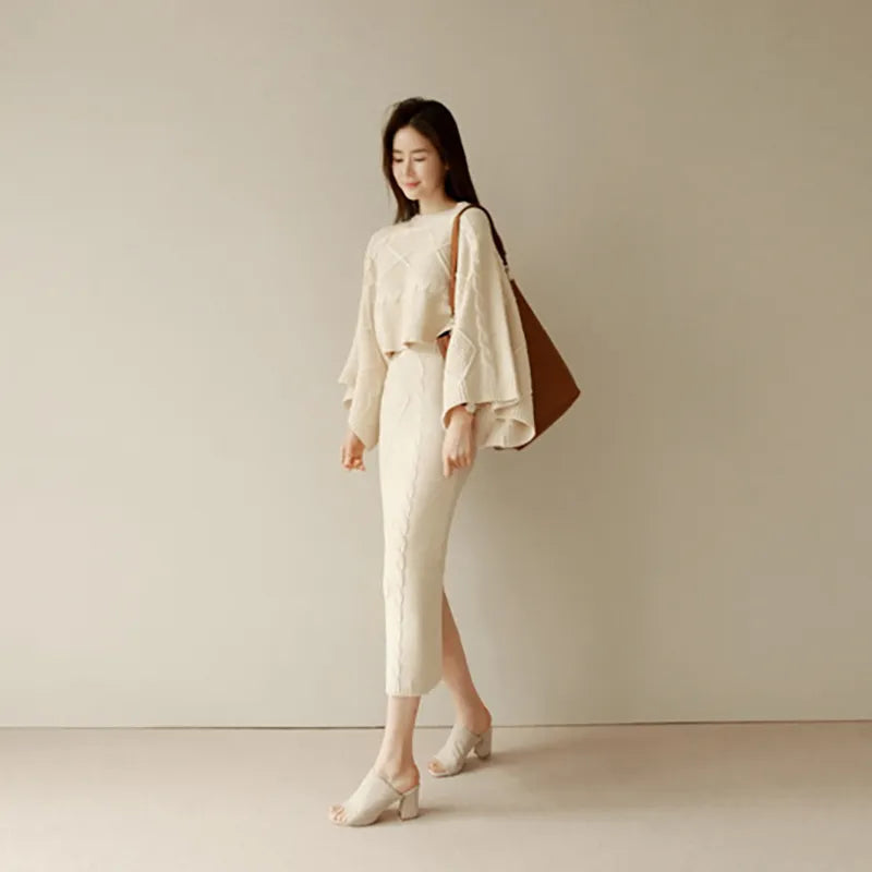 Autumn Winter Knitting Womens Two Peice Sets Elegant O-neck Long Sleeve Pullover Sweater Women+midi Skirt 2 Piece Sets Womens