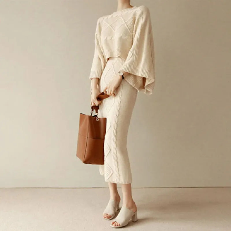 Autumn Winter Knitting Womens Two Peice Sets Elegant O-neck Long Sleeve Pullover Sweater Women+midi Skirt 2 Piece Sets Womens