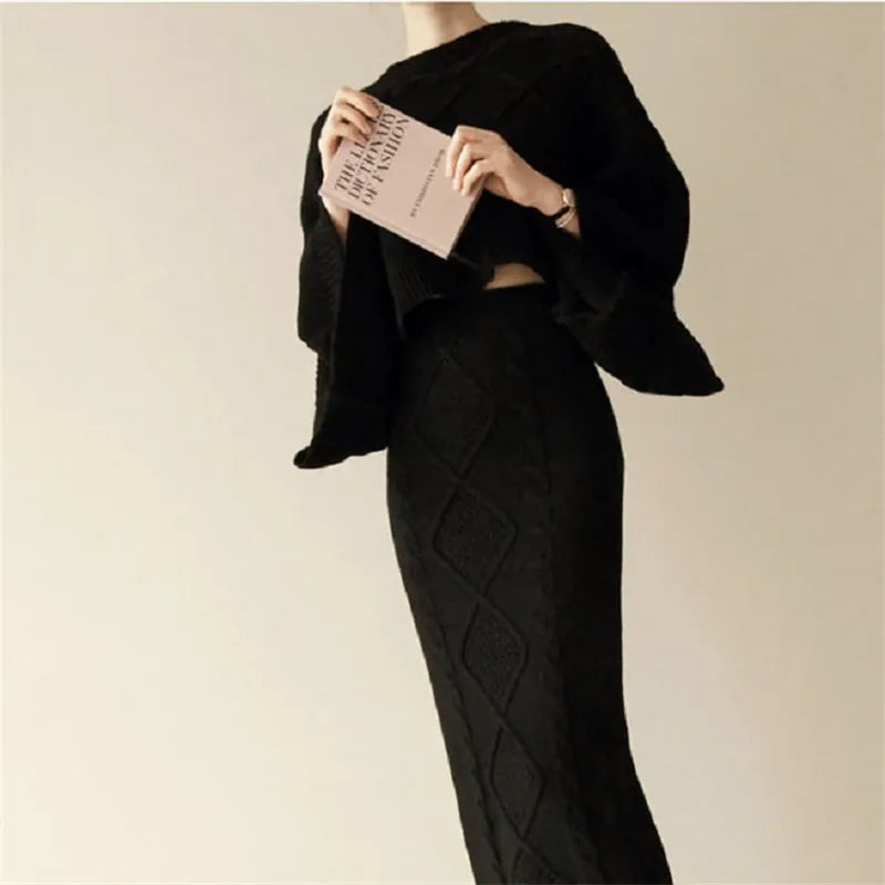 Autumn Winter Knitting Womens Two Peice Sets Elegant O-neck Long Sleeve Pullover Sweater Women+midi Skirt 2 Piece Sets Womens Black