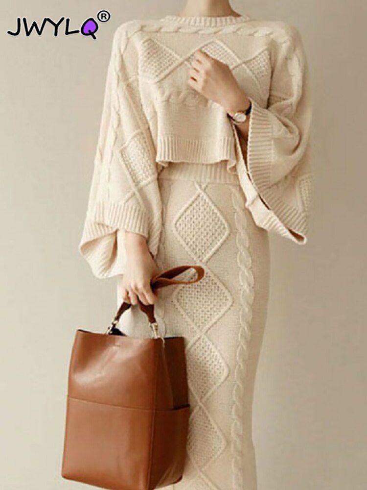 Autumn Winter Knitting Womens Two Peice Sets Elegant O-neck Long Sleeve Pullover Sweater Women+midi Skirt 2 Piece Sets Womens