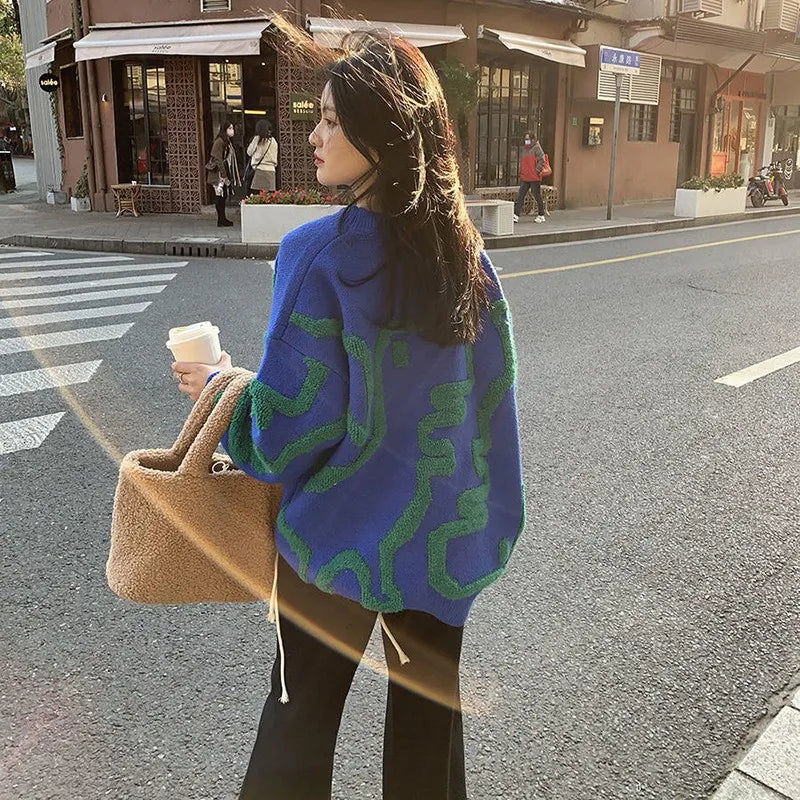 Autumn Winter Korean Style Women Casual Loose O-neck Cartoon Pullover All-matched Long Sleeve Sweater