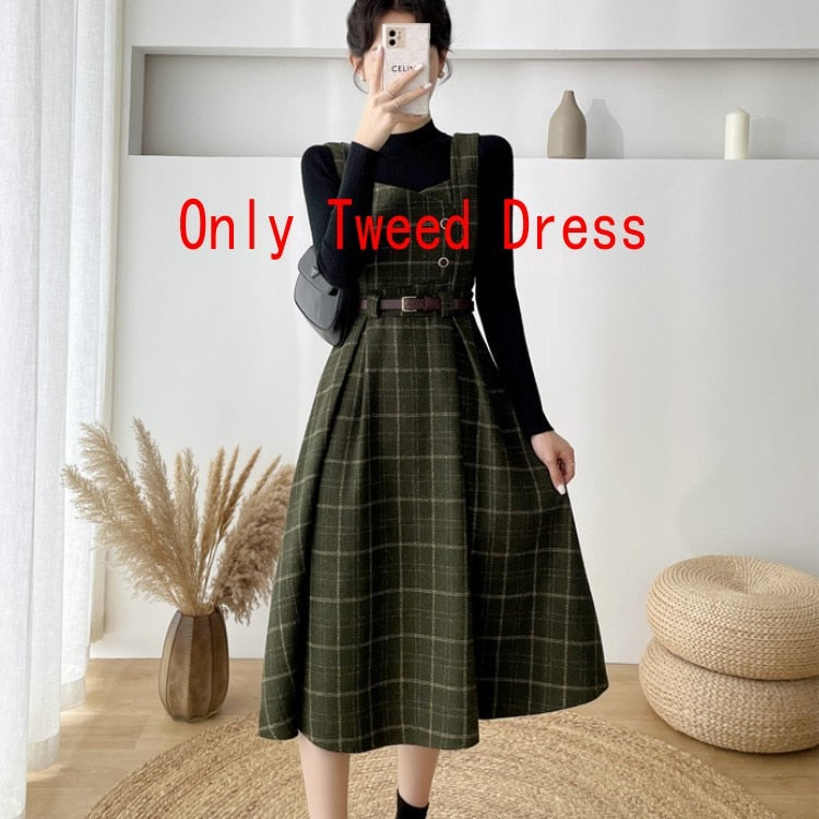Autumn Winter Lady fashion Overalls 2 Piece Set Dress Women black Knitted Sweater Top + Plaid Tweed Slim Big Swing Midi Dress only ArmyGreen dress