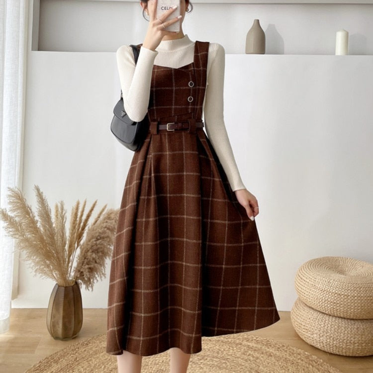 Autumn Winter Lady fashion Overalls 2 Piece Set Dress Women black Knitted Sweater Top + Plaid Tweed Slim Big Swing Midi Dress AMAIO