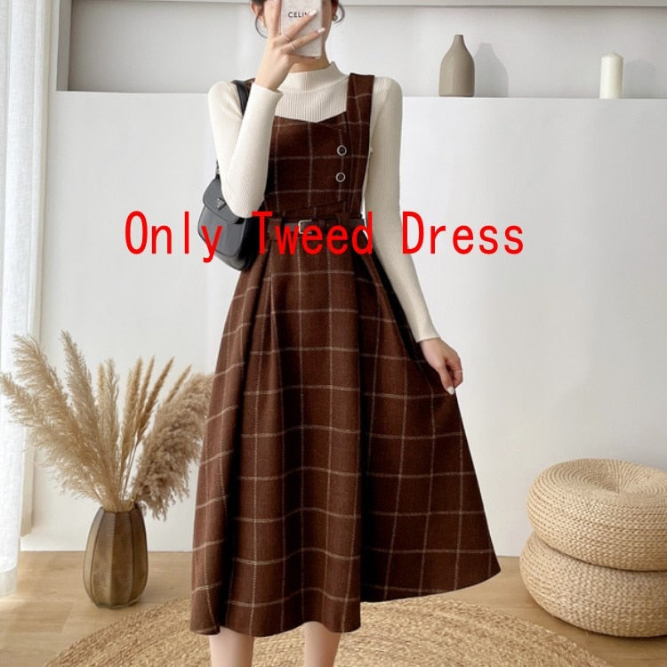 Autumn Winter Lady fashion Overalls 2 Piece Set Dress Women black Knitted Sweater Top + Plaid Tweed Slim Big Swing Midi Dress only brown dress