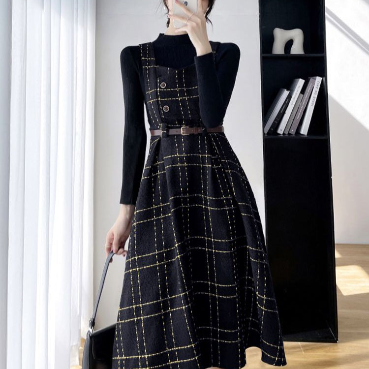 Autumn Winter Lady fashion Overalls 2 Piece Set Dress Women black Knitted Sweater Top + Plaid Tweed Slim Big Swing Midi Dress