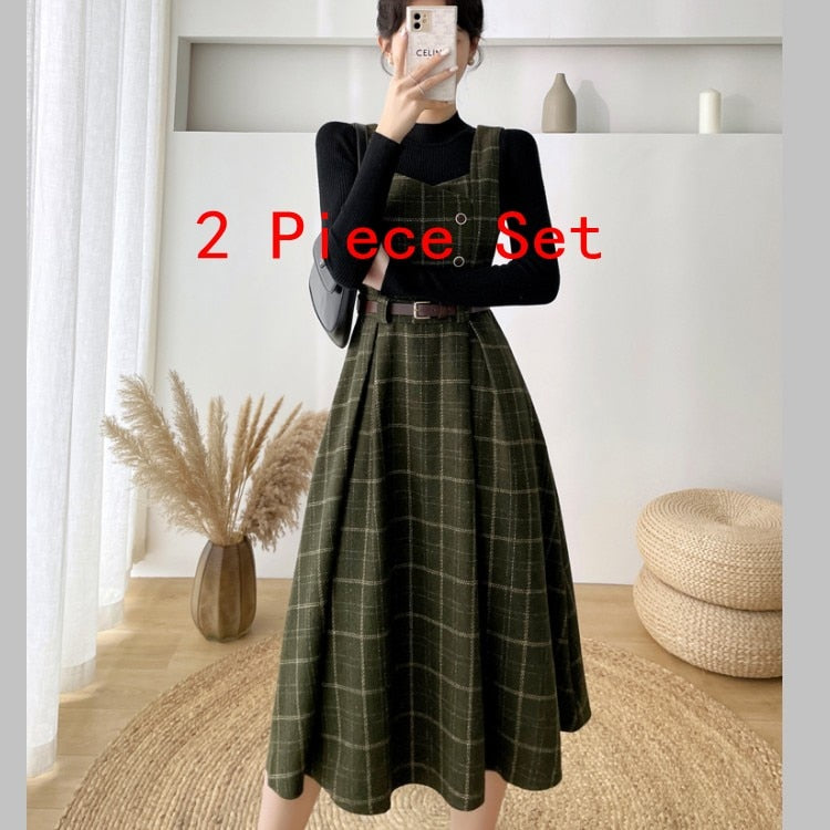 Autumn Winter Lady fashion Overalls 2 Piece Set Dress Women black Knitted Sweater Top + Plaid Tweed Slim Big Swing Midi Dress 2 Piece Set