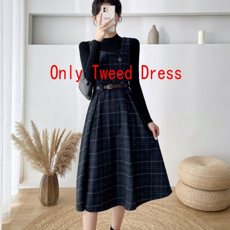 Autumn Winter Lady fashion Overalls 2 Piece Set Dress Women black Knitted Sweater Top + Plaid Tweed Slim Big Swing Midi Dress only Navy blue dress