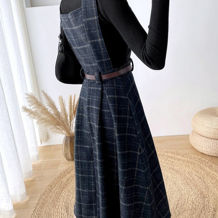 Autumn Winter Lady fashion Overalls 2 Piece Set Dress Women black Knitted Sweater Top + Plaid Tweed Slim Big Swing Midi Dress