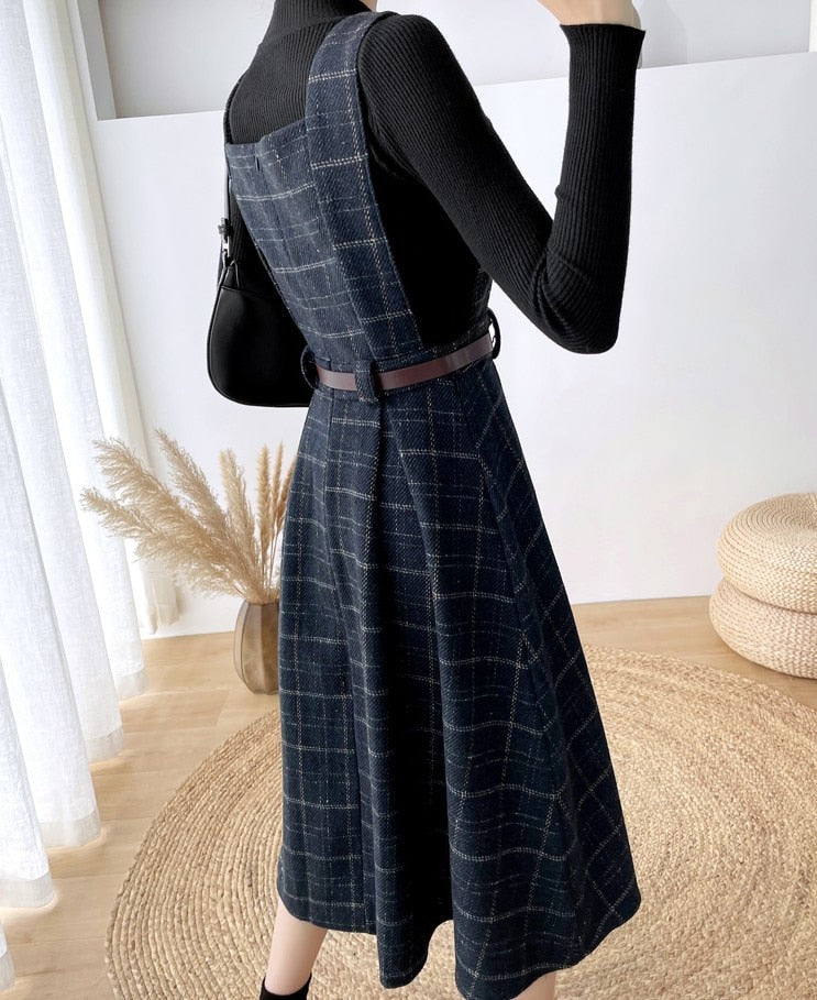 Autumn Winter Lady fashion Overalls 2 Piece Set Dress Women black Knitted Sweater Top + Plaid Tweed Slim Big Swing Midi Dress
