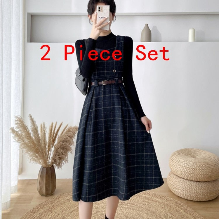 Autumn Winter Lady fashion Overalls 2 Piece Set Dress Women black Knitted Sweater Top + Plaid Tweed Slim Big Swing Midi Dress 2 Piece Set 2