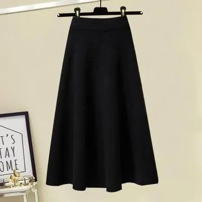 Autumn Winter Long Sleeve Knitted Loose Pullover Sweater+Women High Waist A Line Skirt Knitted 2 Piece Set black skirt One Size