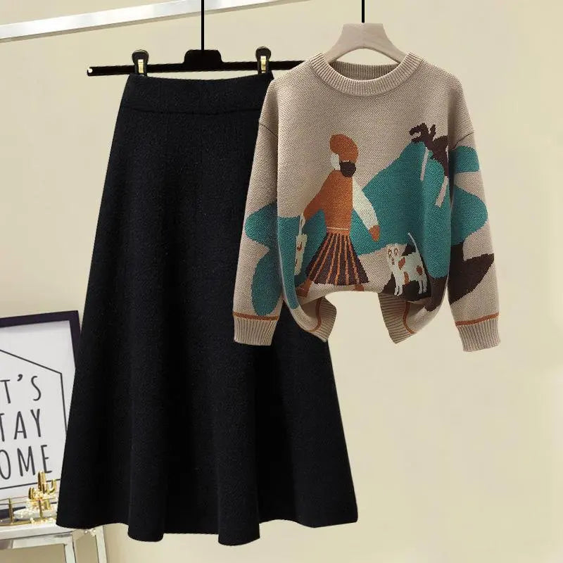 Autumn Winter Long Sleeve Knitted Loose Pullover Sweater+Women High Waist A Line Skirt Knitted 2 Piece Set