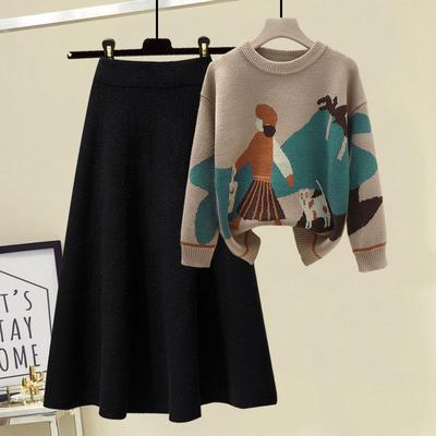 Autumn Winter Long Sleeve Knitted Loose Pullover Sweater+Women High Waist A Line Skirt Knitted 2 Piece Set black coffe2PieceSet One Size