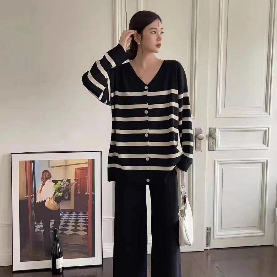 Autumn/Winter Loose Stripe Low Neck Single breasted Long Sleeve Knitwear with a Hanging High Waist Wide Leg Pant Trend