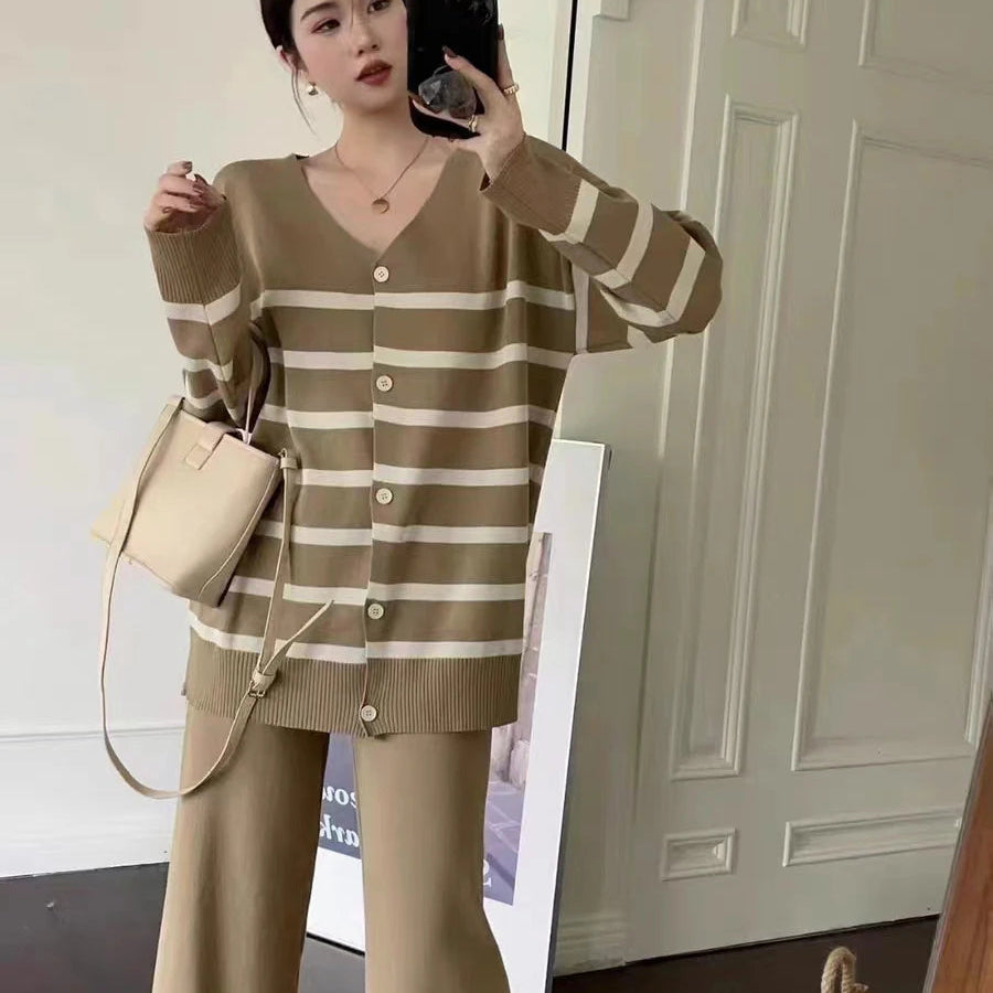 Autumn/Winter Loose Stripe Low Neck Single breasted Long Sleeve Knitwear with a Hanging High Waist Wide Leg Pant Trend