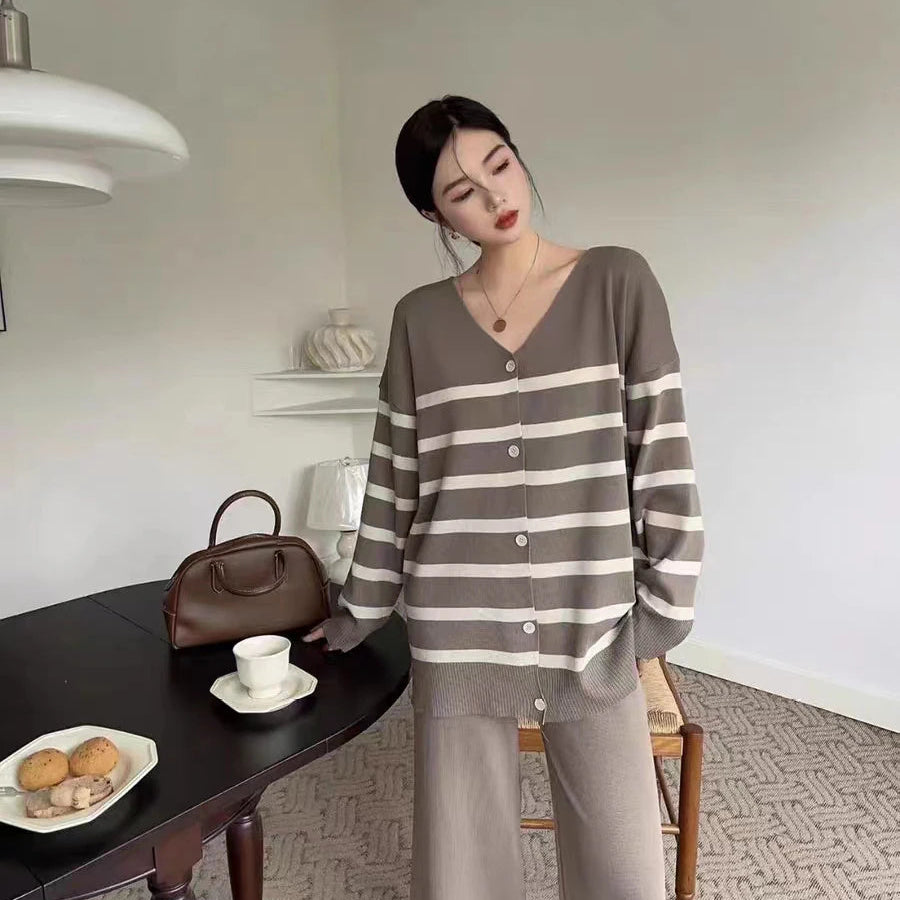Autumn/Winter Loose Stripe Low Neck Single breasted Long Sleeve Knitwear with a Hanging High Waist Wide Leg Pant Trend Coffee