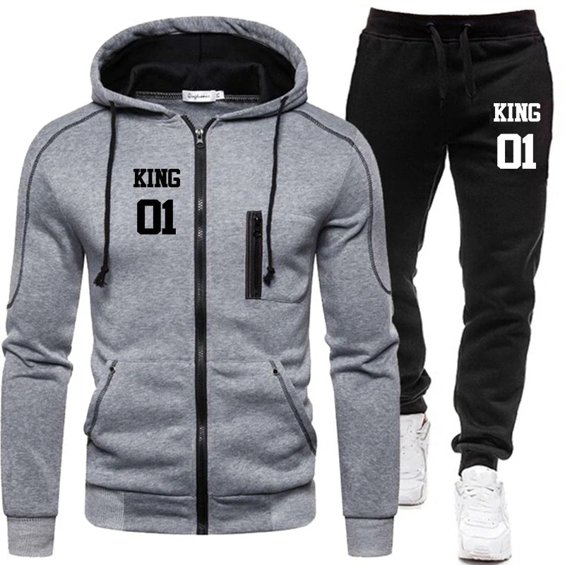 Autumn Winter Men's King Printed Tracksuit Suit Man Zipper Hoodie+Pants 2 Piece Set Casual Gym Fitness Jogging Sportswear Grey