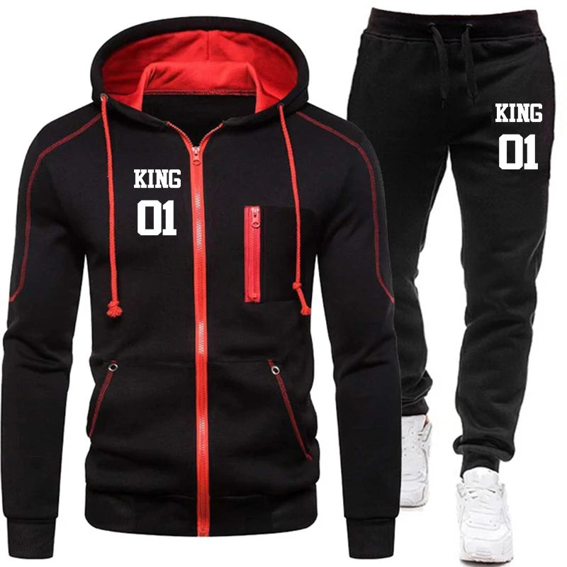Autumn Winter Men's King Printed Tracksuit Suit Man Zipper Hoodie+Pants 2 Piece Set Casual Gym Fitness Jogging Sportswear Black