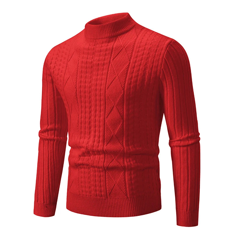 Autumn Winter Men's Solid Color Pullover Knitted Sweater Thick Stripes Sweaters Clothing Red