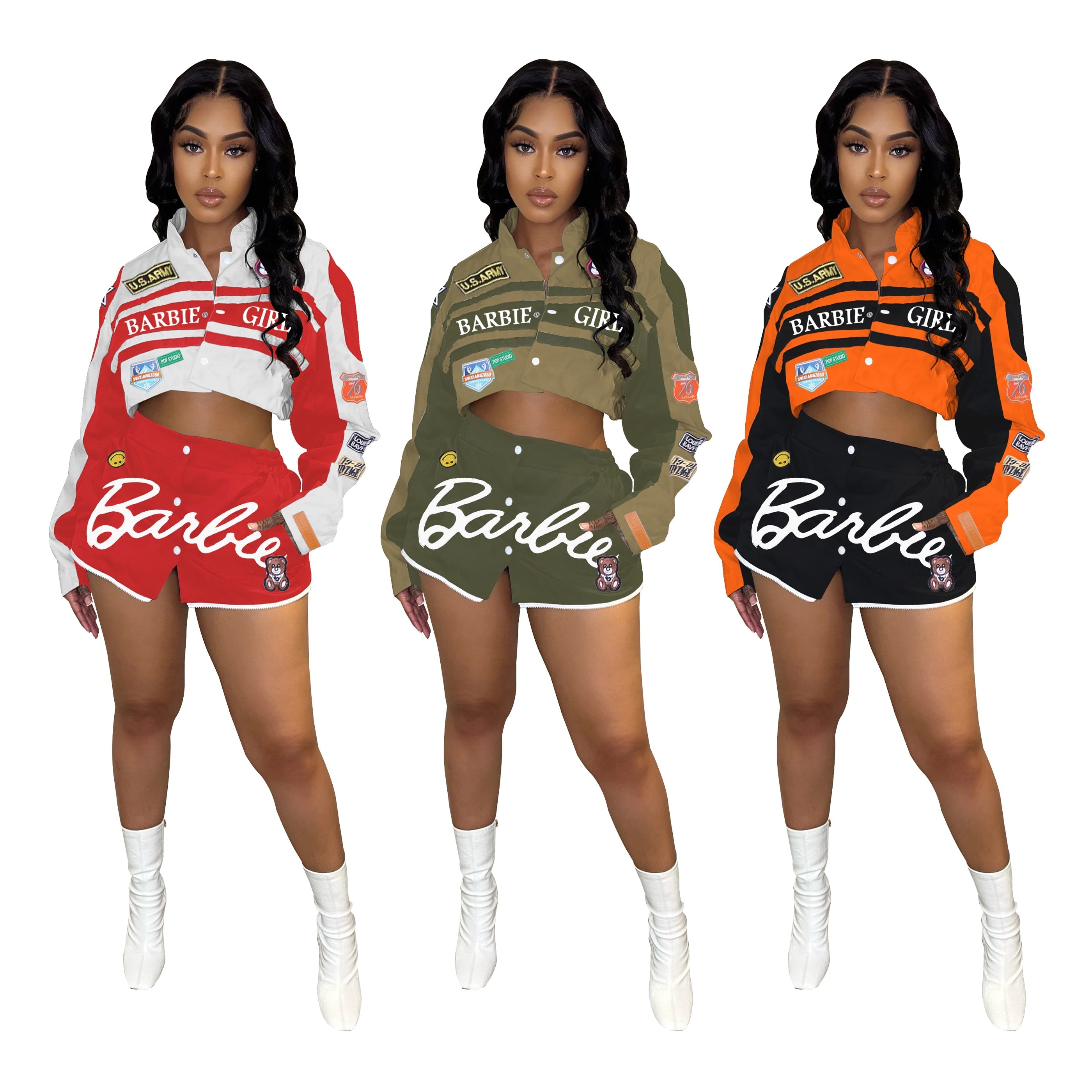 Autumn Winter New Fashion Casual Locomotive Sports Printing Long Sleeve Button Mini Skirt Women's Skirt Suit