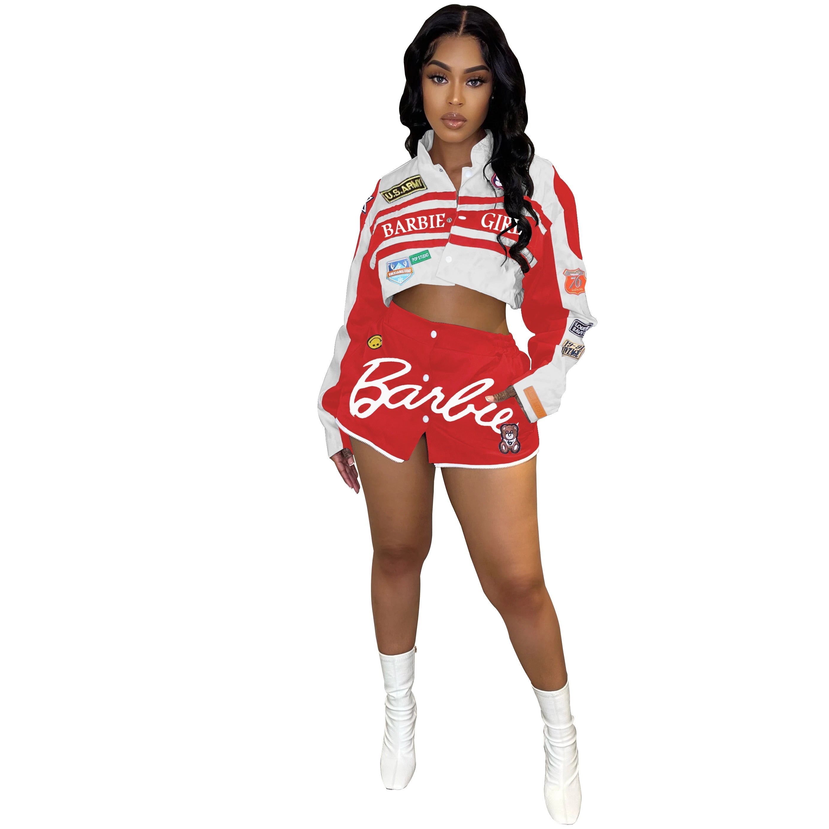 Autumn Winter New Fashion Casual Locomotive Sports Printing Long Sleeve Button Mini Skirt Women's Skirt Suit