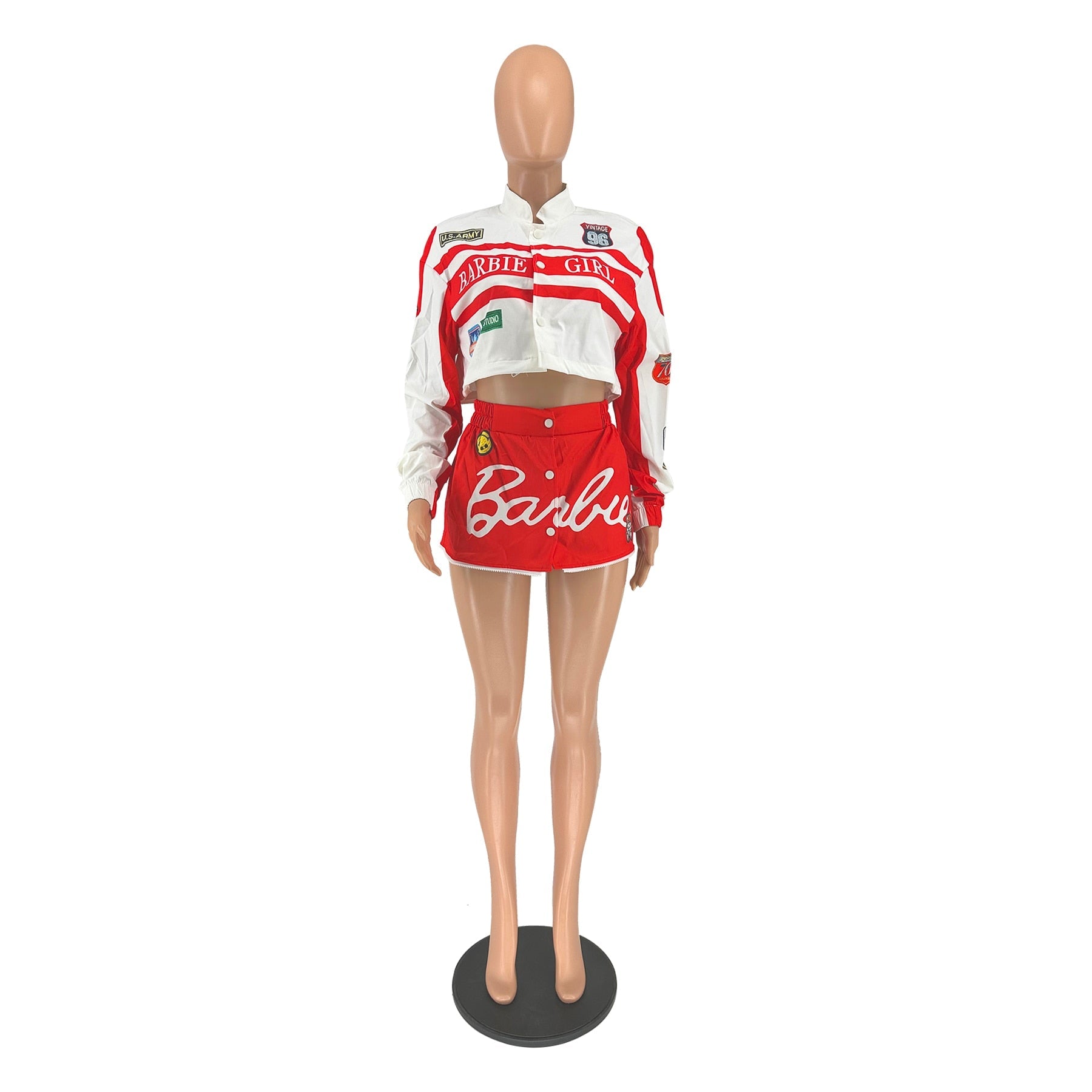 Autumn Winter New Fashion Casual Locomotive Sports Printing Long Sleeve Button Mini Skirt Women's Skirt Suit