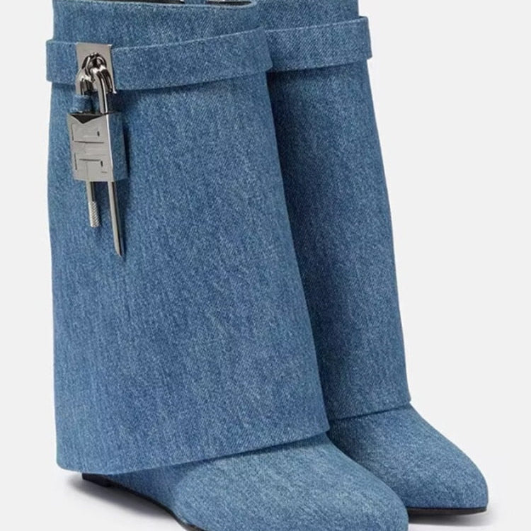 Autumn/Winter New Fashion Large Lock Waist Skirt Boots High Heel Leather Thick Bottom Side Zipper Women's Short Boots cowboy