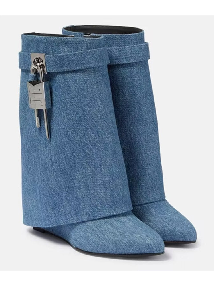 Autumn/Winter New Fashion Large Lock Waist Skirt Boots High Heel Leather Thick Bottom Side Zipper Women's Short Boots cowboy