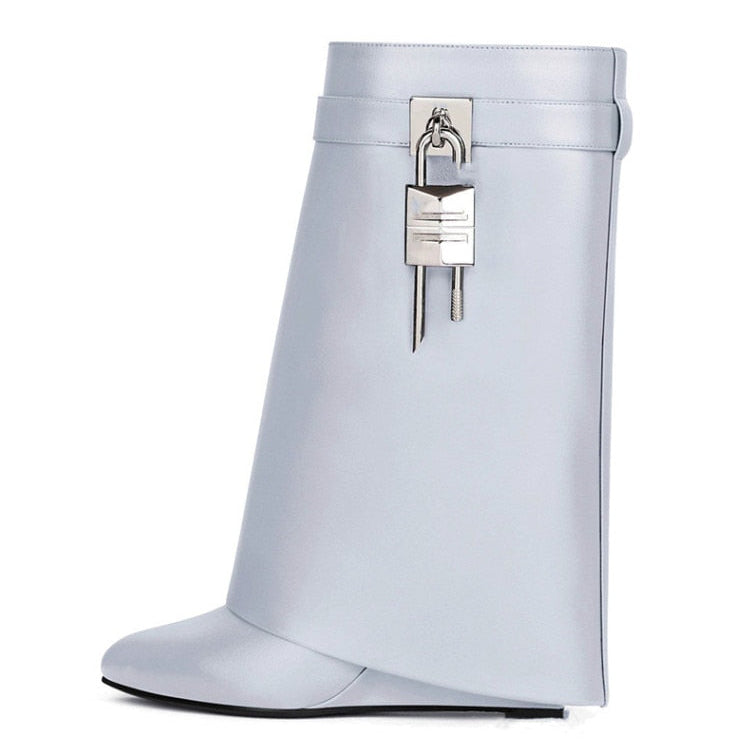 Autumn/Winter New Fashion Large Lock Waist Skirt Boots High Heel Leather Thick Bottom Side Zipper Women's Short Boots grey cowhide