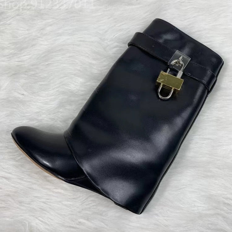 Autumn/Winter New Fashion Large Lock Waist Skirt Boots High Heel Leather Thick Bottom Side Zipper Women's Short Boots