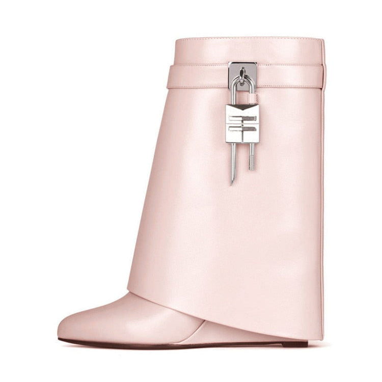 Autumn/Winter New Fashion Large Lock Waist Skirt Boots High Heel Leather Thick Bottom Side Zipper Women's Short Boots Pink pu
