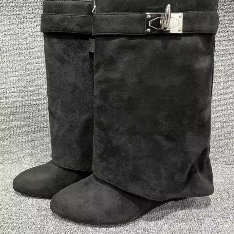 Autumn/Winter New Fashion Large Lock Waist Skirt Boots High Heel Leather Thick Bottom Side Zipper Women's Short Boots