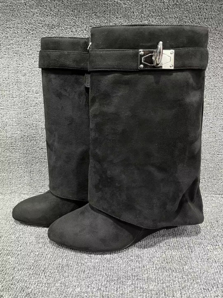 Autumn/Winter New Fashion Large Lock Waist Skirt Boots High Heel Leather Thick Bottom Side Zipper Women's Short Boots