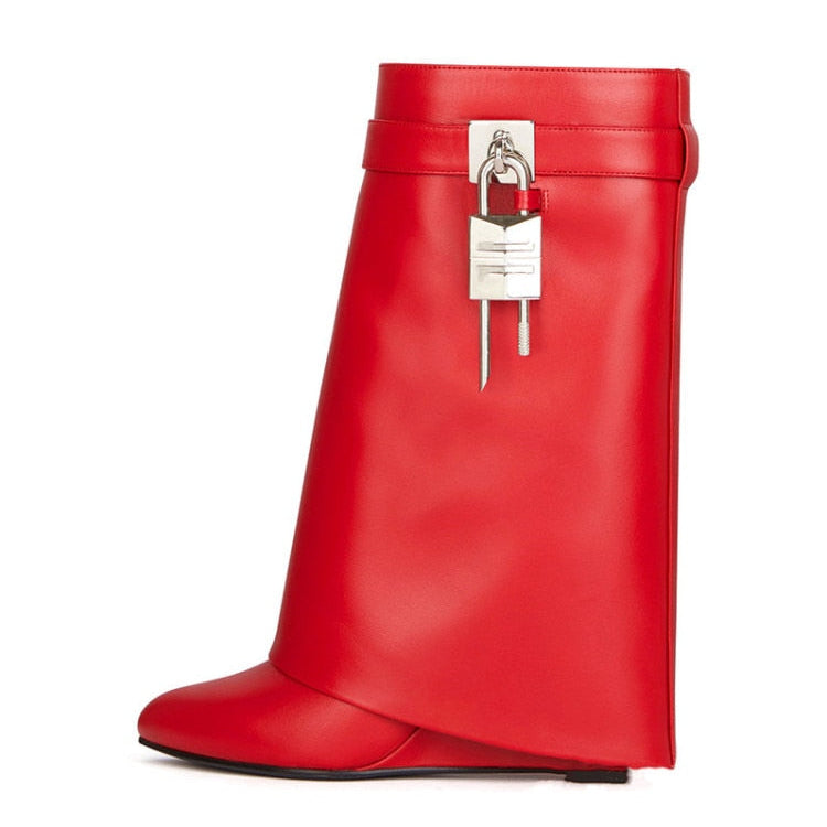 Autumn/Winter New Fashion Large Lock Waist Skirt Boots High Heel Leather Thick Bottom Side Zipper Women's Short Boots red cowhide