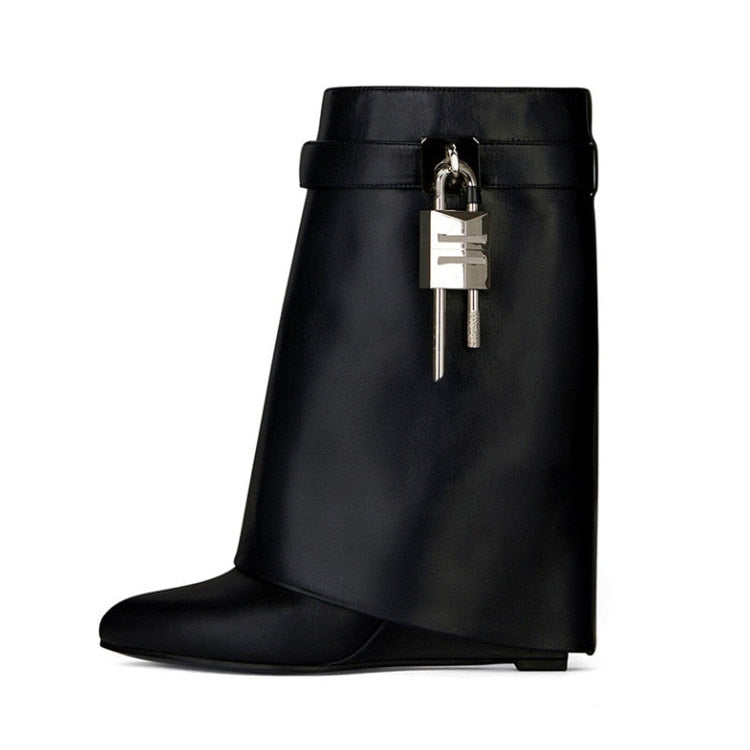 Autumn/Winter New Fashion Large Lock Waist Skirt Boots High Heel Leather Thick Bottom Side Zipper Women's Short Boots black pu