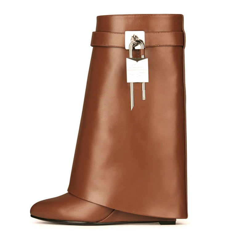 Autumn/Winter New Fashion Large Lock Waist Skirt Boots High Heel Leather Thick Bottom Side Zipper Women's Short Boots brown pu