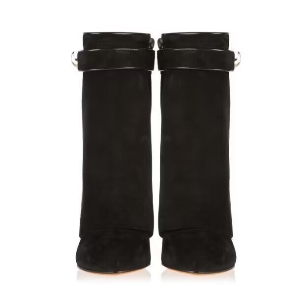 Autumn/Winter New Fashion Large Lock Waist Skirt Boots High Heel Leather Thick Bottom Side Zipper Women's Short Boots Black Suede