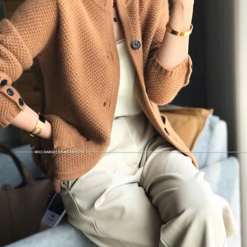 Autumn Winter New Thickened 100% Cashmere Wool Cardigan Women Stand Neck Sweater Sweater Loose Knit Base Wool Sweater Jacket camel