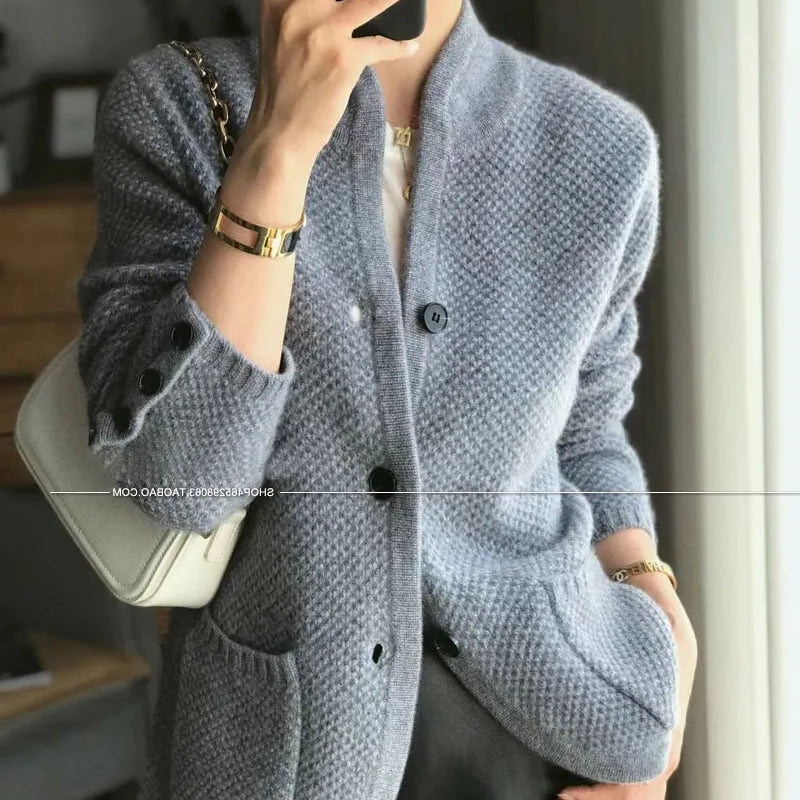 Autumn Winter New Thickened 100% Cashmere Wool Cardigan Women Stand Neck Sweater Sweater Loose Knit Base Wool Sweater Jacket gray