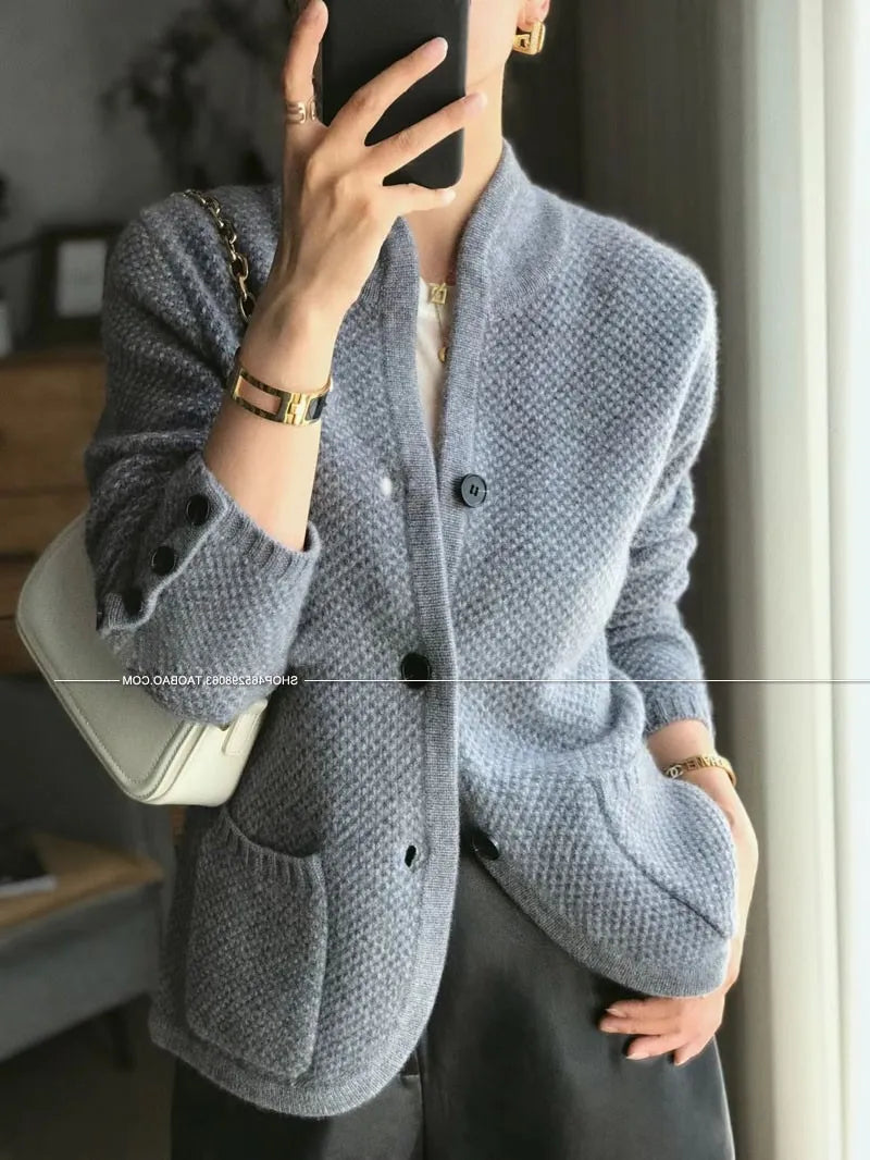 Autumn Winter New Thickened 100% Cashmere Wool Cardigan Women Stand Neck Sweater Sweater Loose Knit Base Wool Sweater Jacket gray