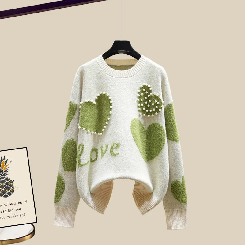 Autumn Winter New Warm Sweater 3 piece set Women Korean Fashion Sweet Heart-shaped beaded Sweater +Lamb wool vest +Pants Suits Green Sweater