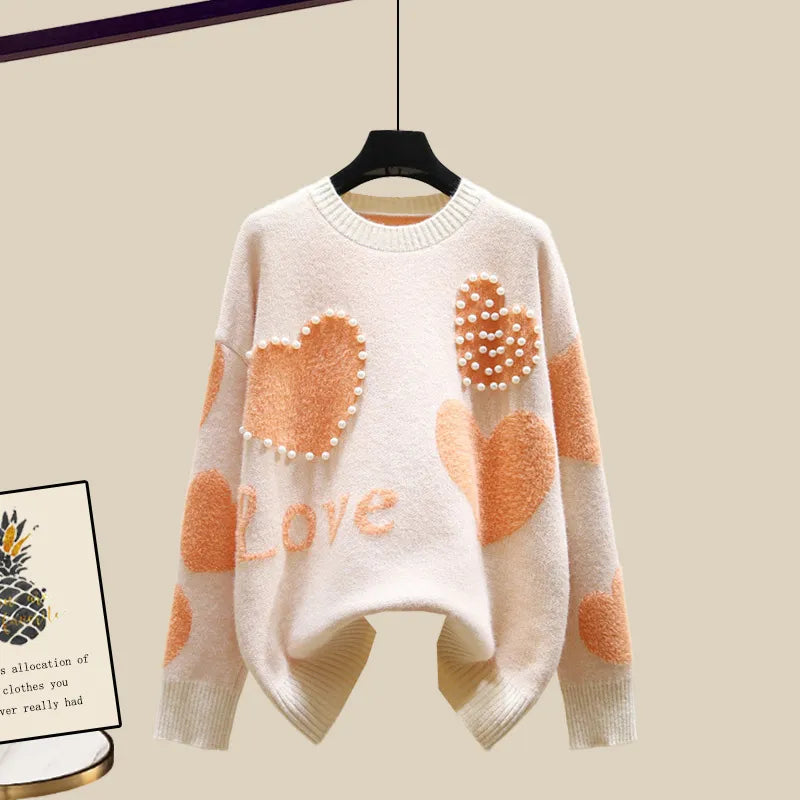 Autumn Winter New Warm Sweater 3 piece set Women Korean Fashion Sweet Heart-shaped beaded Sweater +Lamb wool vest +Pants Suits Orange Sweater