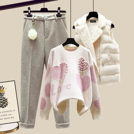 Autumn Winter New Warm Sweater 3 piece set Women Korean Fashion Sweet Heart-shaped beaded Sweater +Lamb wool vest +Pants Suits Pink 3 Piece Set