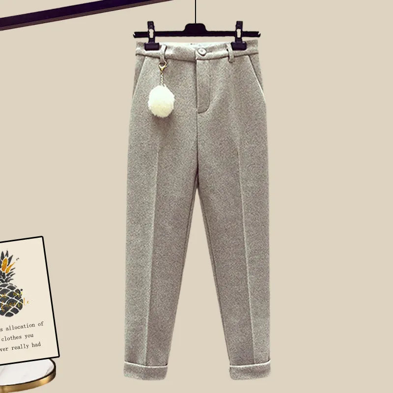 Autumn Winter New Warm Sweater 3 piece set Women Korean Fashion Sweet Heart-shaped beaded Sweater +Lamb wool vest +Pants Suits One Piece Pant