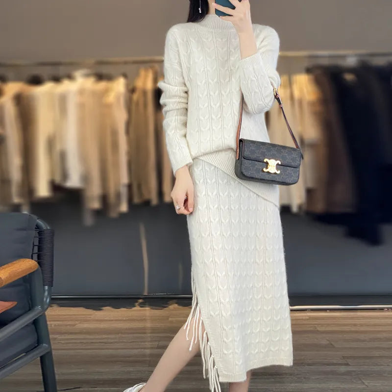 Autumn Winter Pure Wool Sweater Women's Semi-High Collar Solid Color Knitted Collar Cashmere Tassel Skirt Fashion Two-Piece Suit White