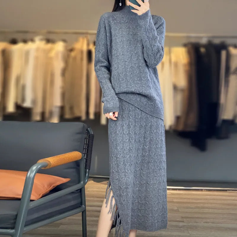 Autumn Winter Pure Wool Sweater Women's Semi-High Collar Solid Color Knitted Collar Cashmere Tassel Skirt Fashion Two-Piece Suit